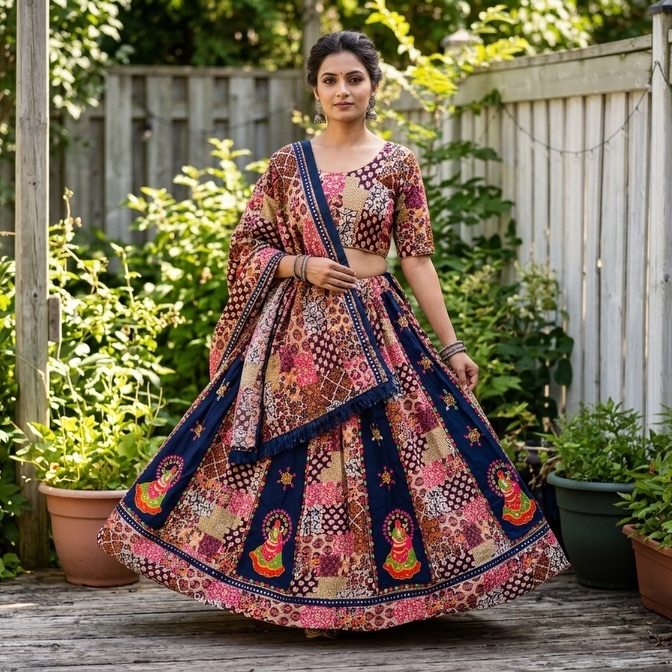 Rajasthani patchwork lehenga in warm spice tones
